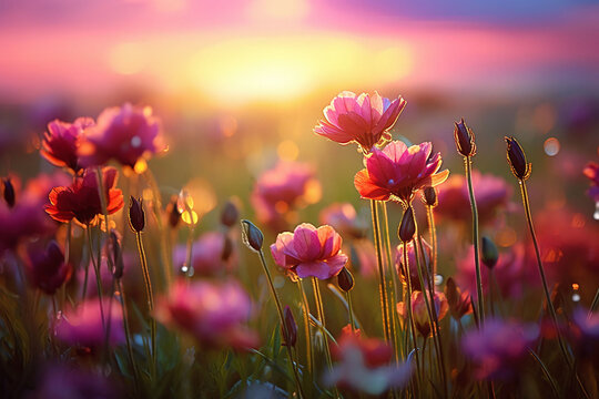 Wild meadow pink flowers against a sunset background. Spring field background