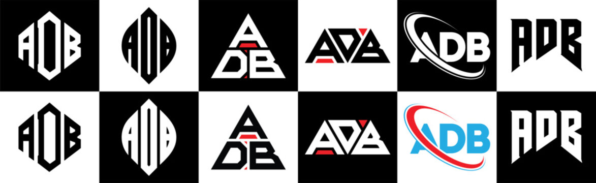 ADB letter logo design in six style. ADB polygon, circle, triangle, hexagon, flat and simple style with black and white color variation letter logo set in one artboard. ADB minimalist and classic logo