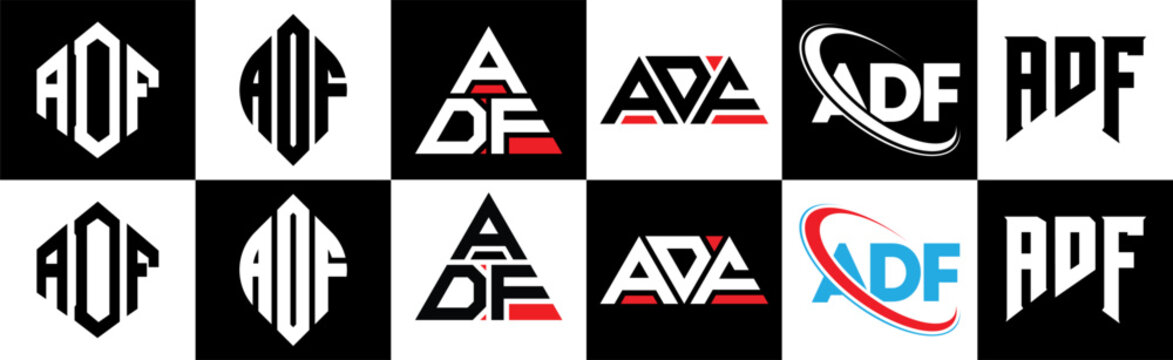 ADF letter logo design in six style. ADF polygon, circle, triangle, hexagon, flat and simple style with black and white color variation letter logo set in one artboard. ADF minimalist and classic logo