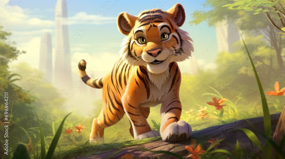 Aufkleber a close up of a tiger on a field of grass with trees in the background and flowers in the foreground