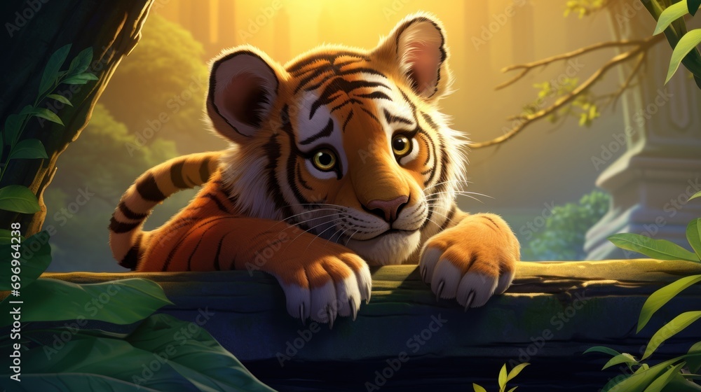 Poster a close up of a tiger laying on a log in a forest with a bright light coming from behind it.