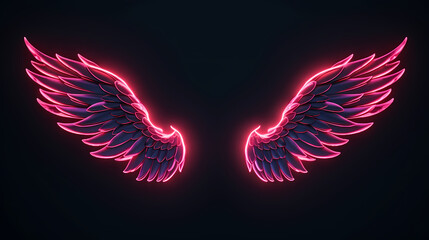 Neon Christmas wings, vibrant LED lights outline frame, pink light rays, dark background - obrazy, fototapety, plakaty