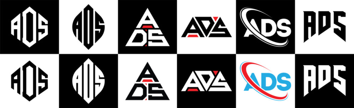 ADS letter logo design in six style. ADS polygon, circle, triangle, hexagon, flat and simple style with black and white color variation letter logo set in one artboard. ADS minimalist and classic logo