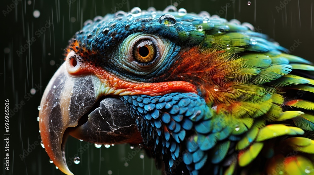 Aufkleber a close up of a colorful bird with drops of water on it's face and a black background behind it.
