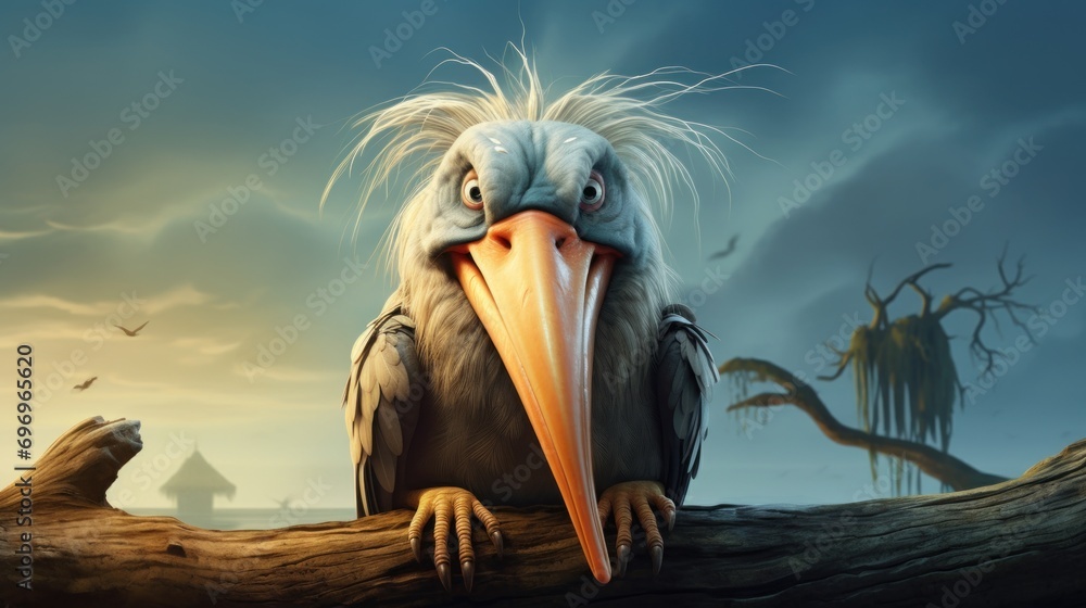 Poster a bird with a long beak sitting on a branch in front of a sky with a bird on it's head.