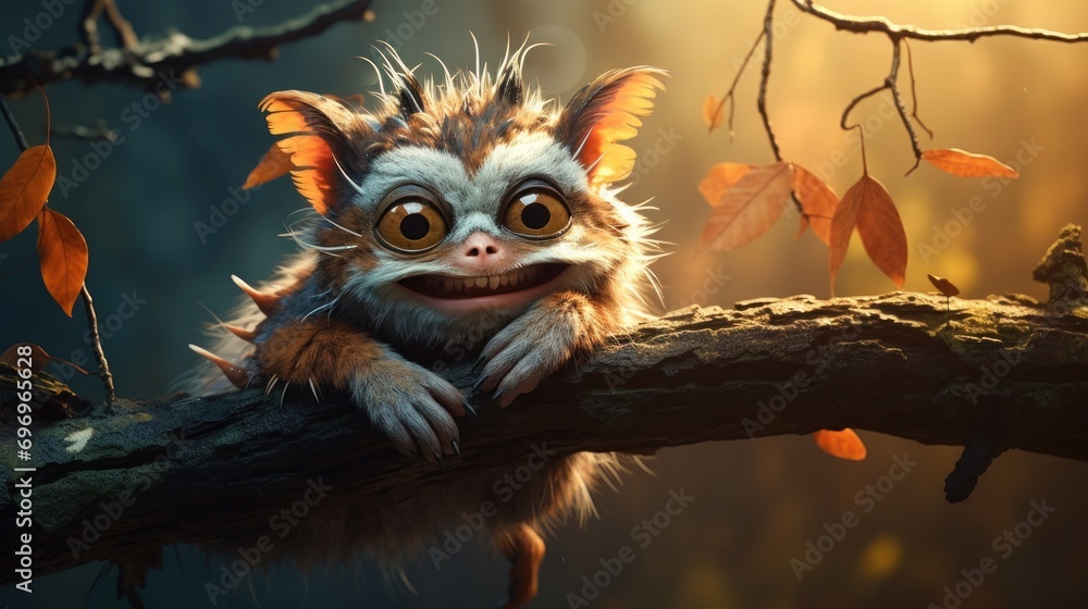 Poster a close up of a small animal on a tree branch with leaves in the foreground and a tree branch with l
