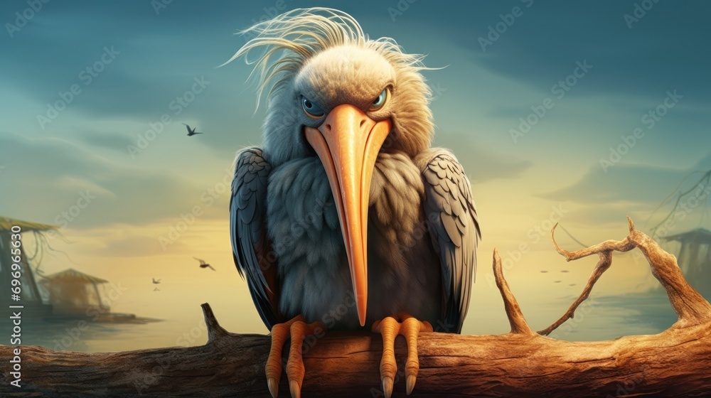 Aufkleber a bird with a long beak sitting on a branch in front of a body of water and a bird with a long beak 
