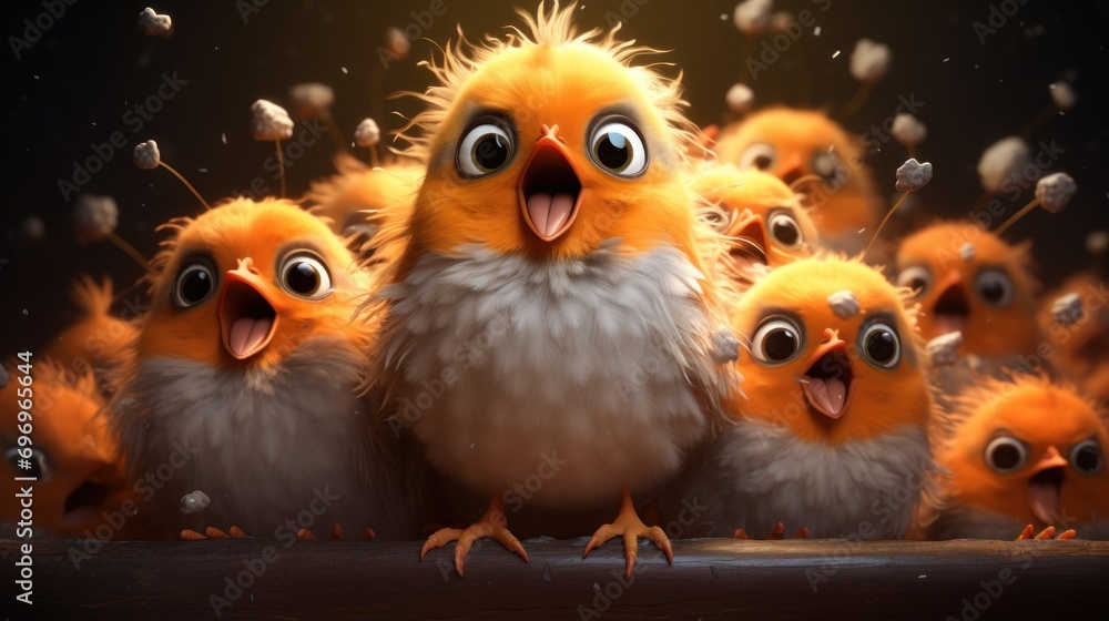 Poster a group of little birds standing next to each other in front of a dark background with lots of tiny 