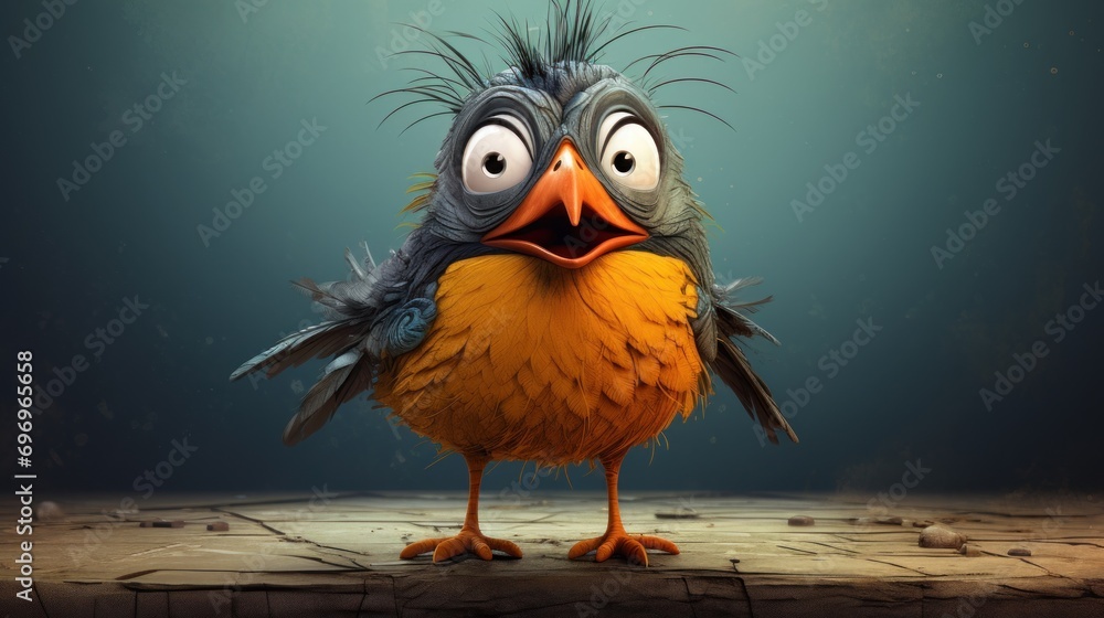 Poster a close up of a bird on a floor with a surprised look on it's face and a frown on its face.