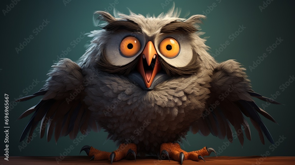 Poster a close up of an owl on a table with its eyes open and it's head turned to the side.