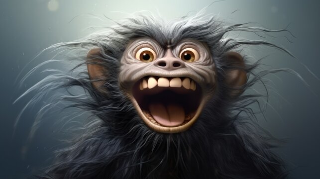  a monkey with its mouth open and it's hair blowing in the wind with it's mouth wide open.