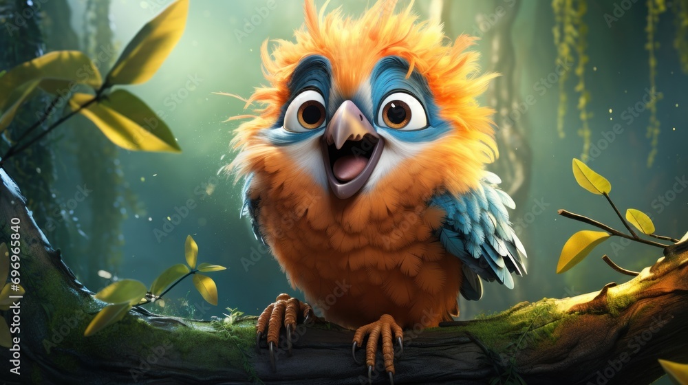 Aufkleber a close up of a bird on a tree branch with a background of leaves and a light blue and orange bird w