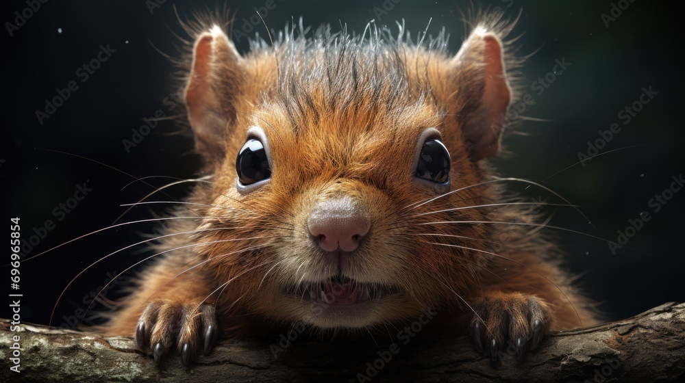 Poster a close up of a rodent on a branch with its mouth open and it's eyes wide open.