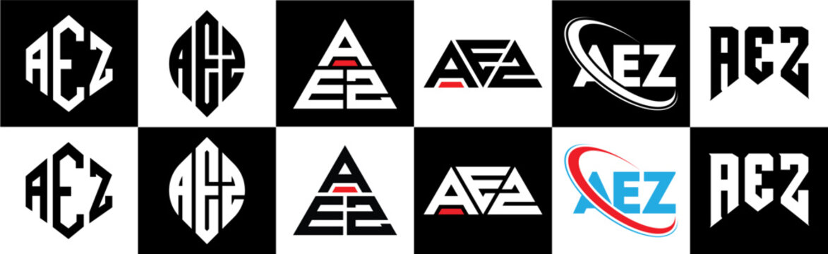 AEZ letter logo design in six style. AEZ polygon, circle, triangle, hexagon, flat and simple style with black and white color variation letter logo set in one artboard. AEZ minimalist and classic logo