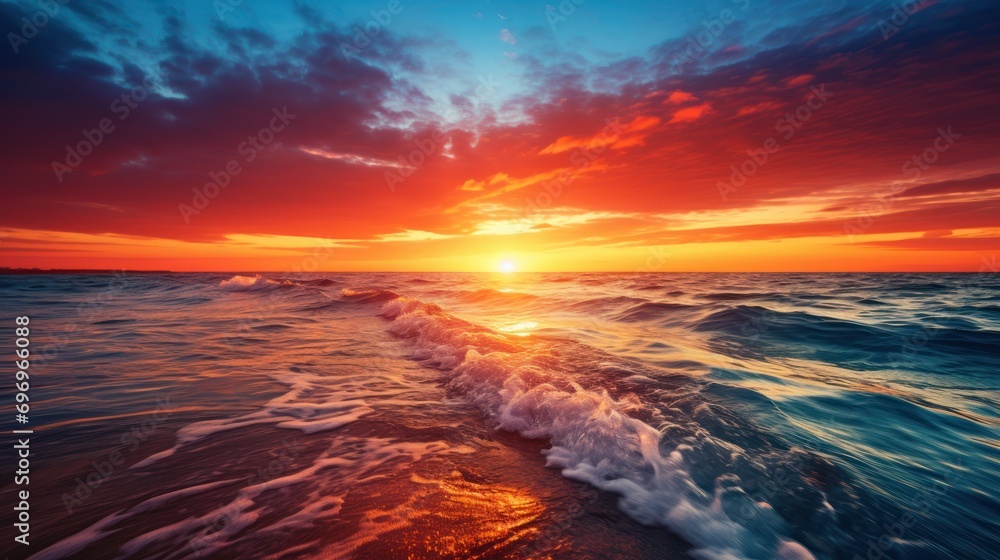 Poster the sun is setting over the ocean and the waves are crashing in front of the shore and the sun is se