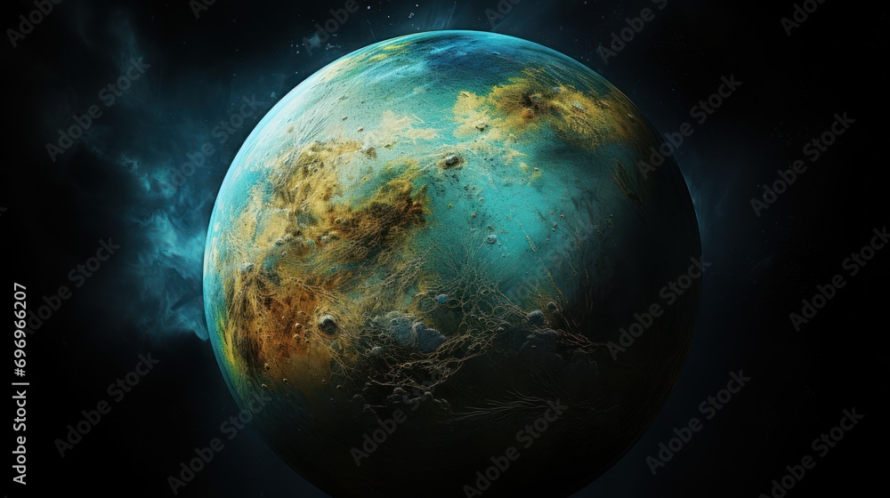 Poster an artist's rendering of a planet with a star cluster in the middle of the planet's atmosphere.