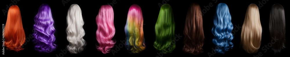 Wall mural glamour set of hair isolated on a black background - collection of hairstyles and colors - ideal for