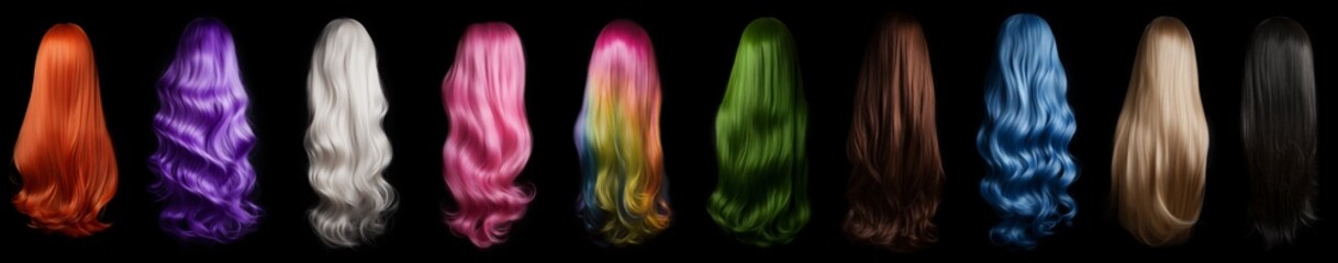 Glamour set of hair isolated on a black background - collection of hairstyles and colors - Ideal for hair saloons and any other beauty, wellness, and hair themes. 