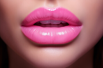 women's lips in close-up painted with pink lipstick - obrazy, fototapety, plakaty