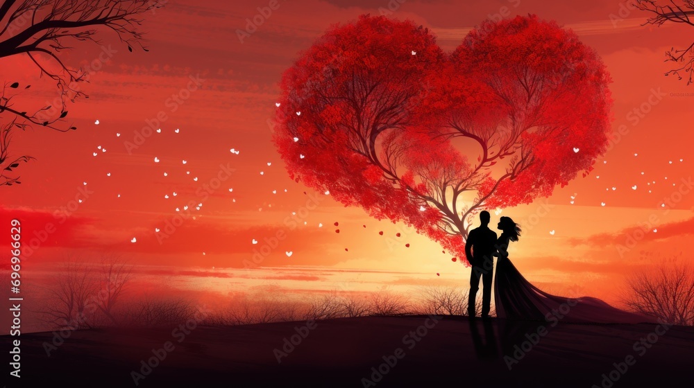 Poster a painting of a man and a woman standing in front of a tree with a heart shaped tree in the backgrou