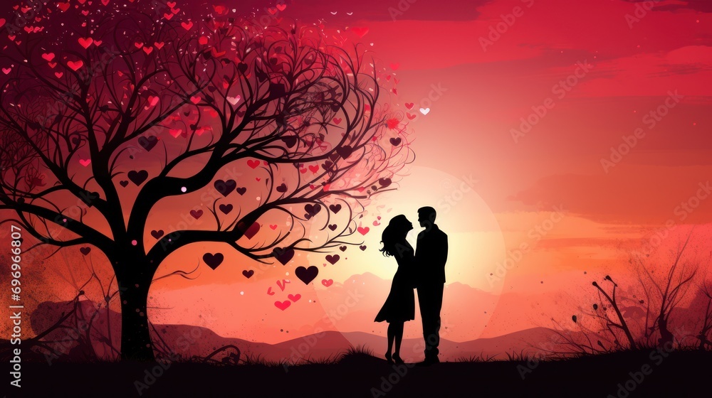 Poster a man and a woman standing in front of a tree with hearts in the shape of a heart on it.