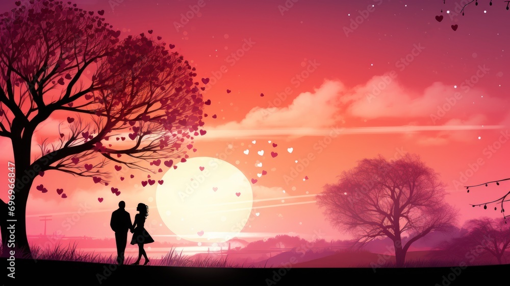 Canvas Prints  a man and a woman standing under a tree with hearts flying in the air in front of a setting sun.