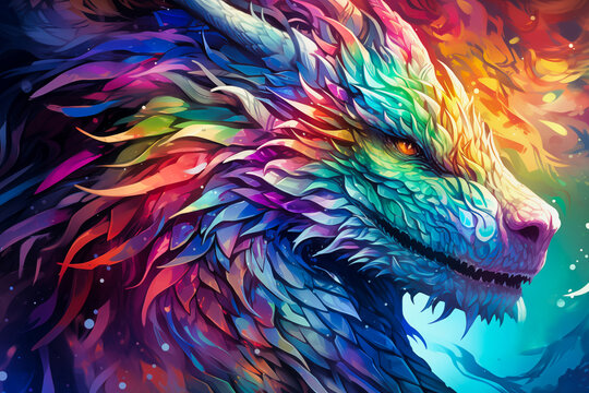 an abstract dragon with colorful hair