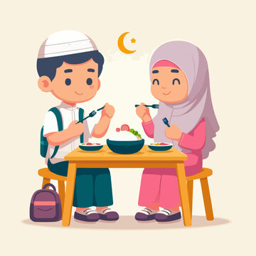 Illustration of Muslim characters eating in a flat design style