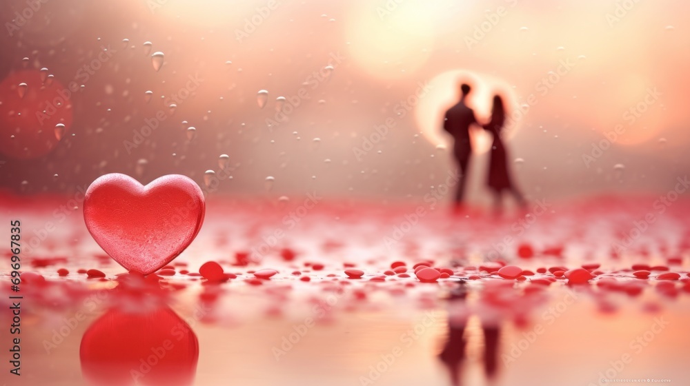 Poster a couple standing next to each other with a red heart in the middle of them the background is blurre