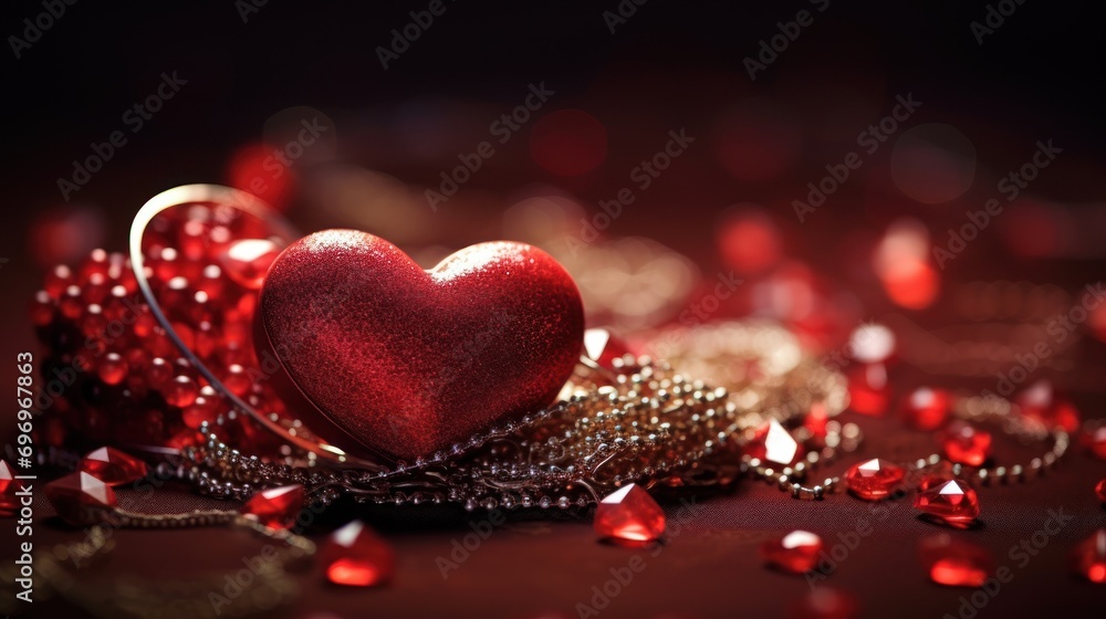 Poster a red heart sitting on top of a table next to a pile of gold chains and a red heart on top of a tabl