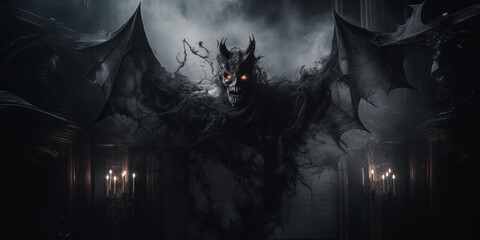 Scary evil bat vampire monster in dark room with smoke - obrazy, fototapety, plakaty