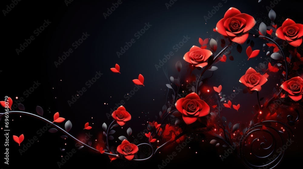 Poster a bunch of red roses on a black background with a swirl in the middle of the frame and hearts in the