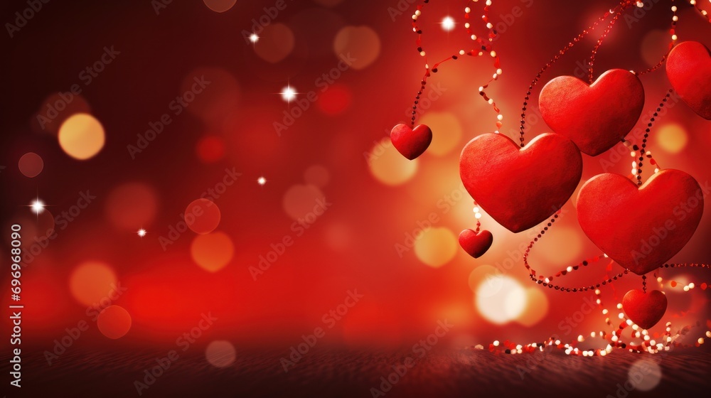 Poster a group of red hearts hanging from a string on a red and black background with boke of lights in the
