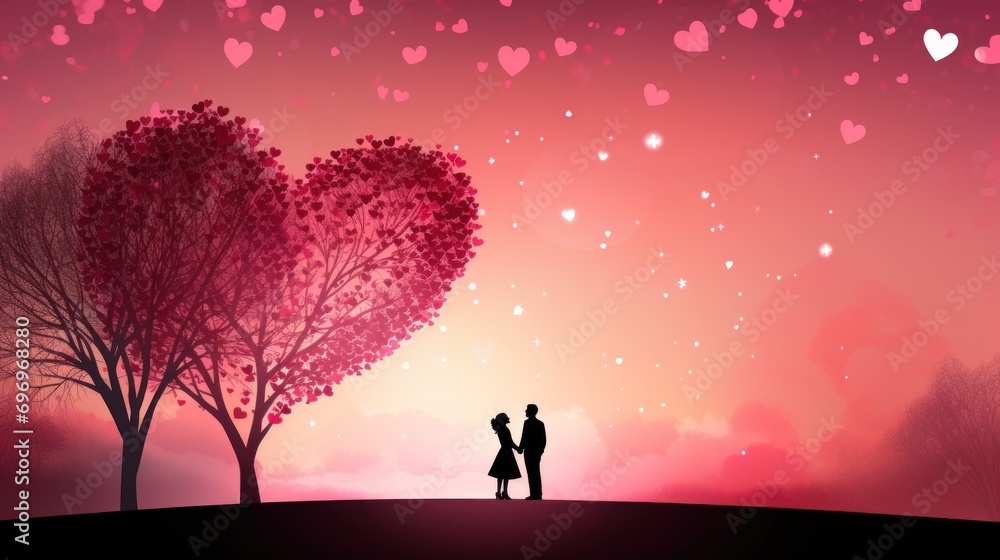Poster a man and a woman standing in front of a tree with a heart shaped tree on the top of it.