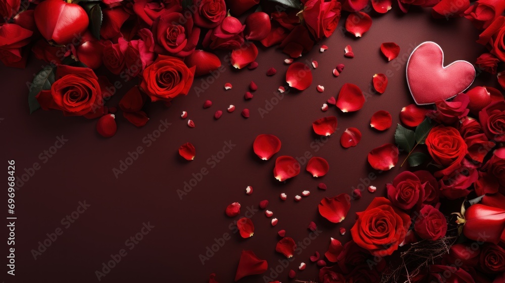 Poster  a bunch of red roses that are next to each other with a heart shaped object in the middle of them.