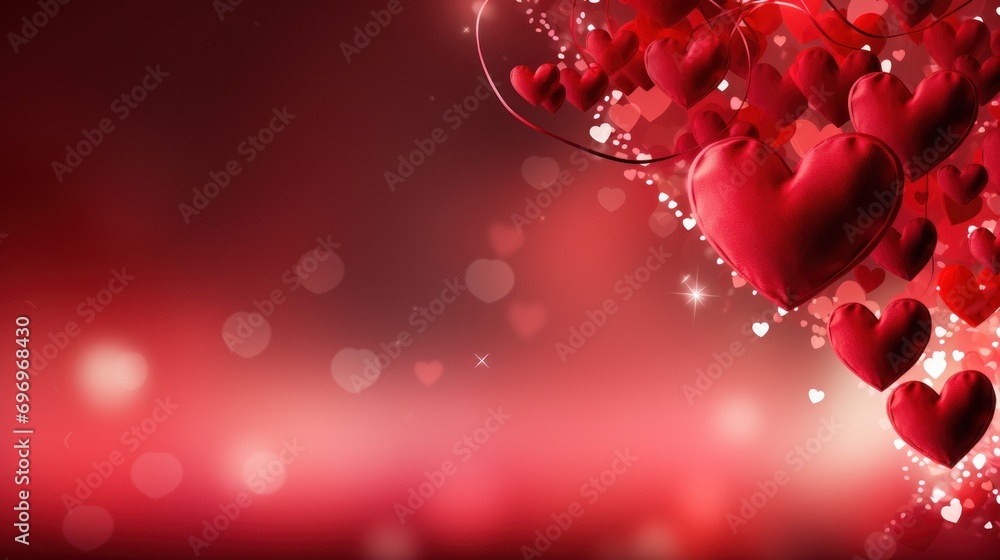 Poster a bunch of red hearts hanging from a string on a red and black background with a boke of lights.