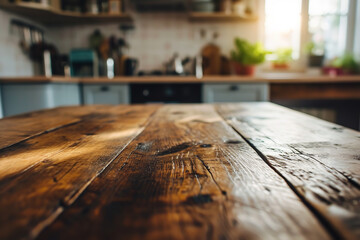 Against a blurred kitchen background, a wooden table in profile to show them off