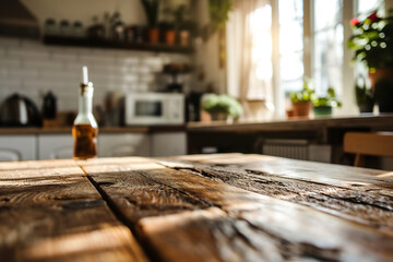 Against a blurred kitchen background, a wooden table in profile to show them off