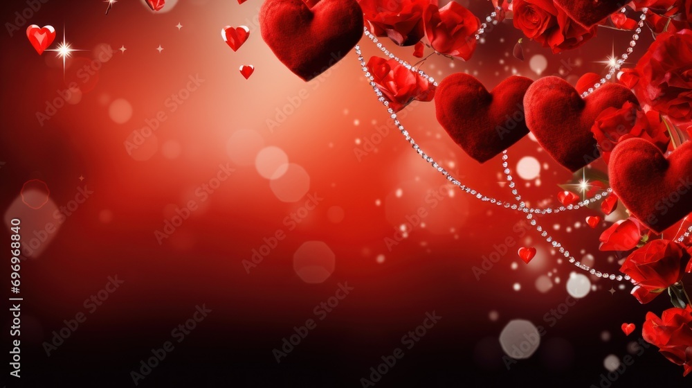 Poster a red valentine's day background with hearts and a string of pearls hanging from the side of the scr