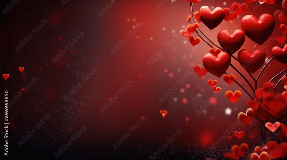 Poster a bunch of red hearts floating in the air on a black background with a red light in the middle of th