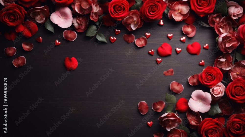 Poster a bunch of red roses with hearts on a black background with a place for a message or a message in th
