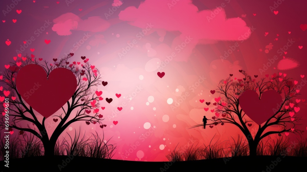Poster a couple of heart shaped trees in the middle of a field with a bird perched on one of the trees.