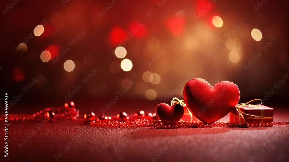 Aufkleber two red hearts sitting on top of a table next to each other, surrounded by a few other objects the b