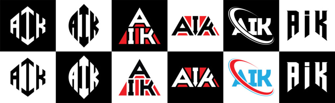 AIK letter logo design in six style. AIK polygon, circle, triangle, hexagon, flat and simple style with black and white color variation letter logo set in one artboard. AIK minimalist and classic logo