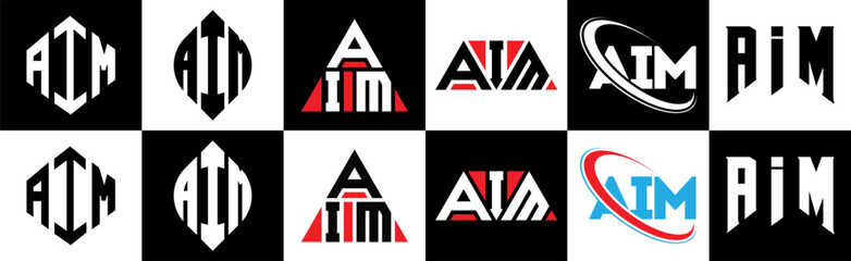 AIM letter logo design in six style. AIM polygon, circle, triangle, hexagon, flat and simple style with black and white color variation letter logo set in one artboard. AIM minimalist and classic logo