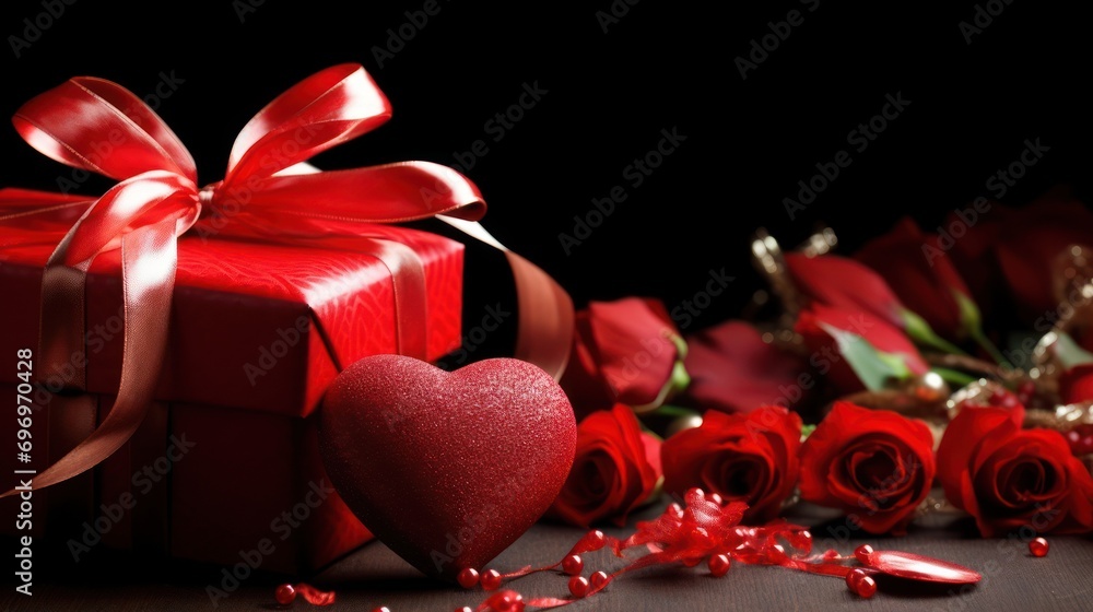 Poster a red box with a heart on it and a bunch of red roses next to it with a red ribbon.