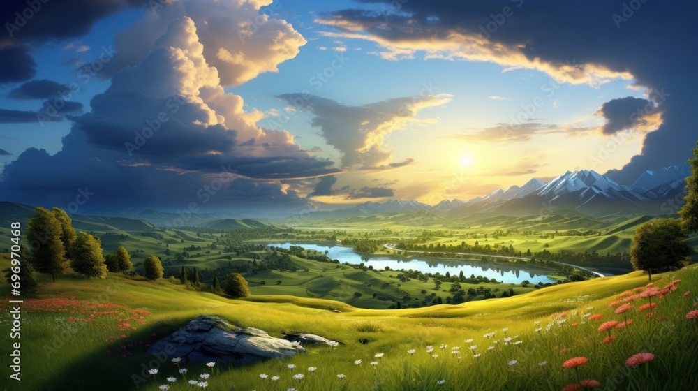 Poster a painting of a green valley with a lake in the middle of it and mountains in the distance with clou