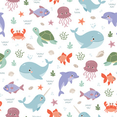 Fototapeta premium Childish seamless pattern with underwater life. Colorful kids background with cute marine characters: whale, fish, dolphin, jellyfish, narwhal, sea ​​turtle, crab. Sea adventure vector illustration