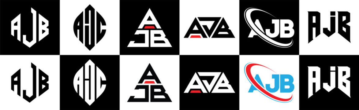AJB letter logo design in six style. AJB polygon, circle, triangle, hexagon, flat and simple style with black and white color variation letter logo set in one artboard. AJB minimalist and classic logo