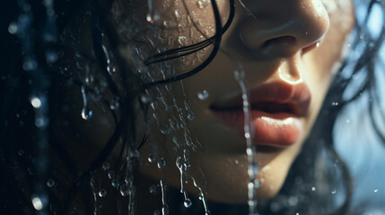 The girl's visage was elated with big droplets of H2O weeping down after her shower. - obrazy, fototapety, plakaty
